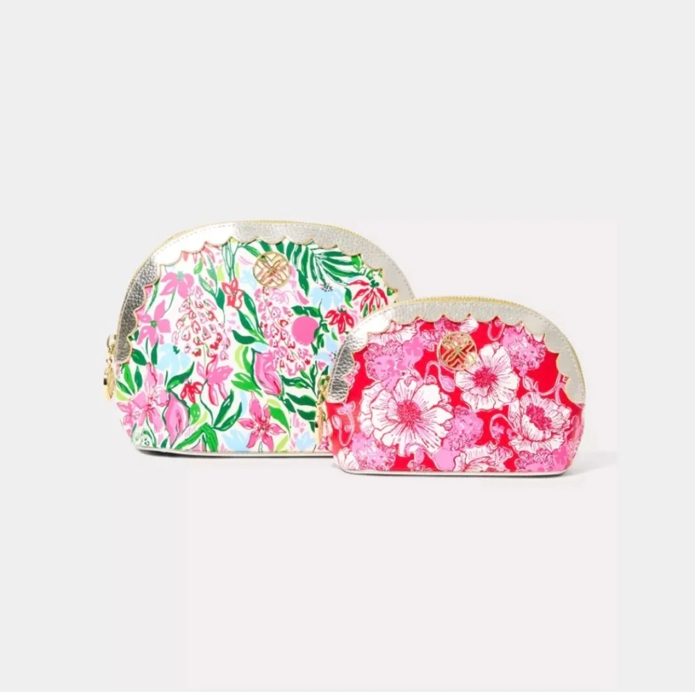 Lilly Pulitzer Scallop Pouch Set in Multi Glowing Gardens Print. 2pc Set - New